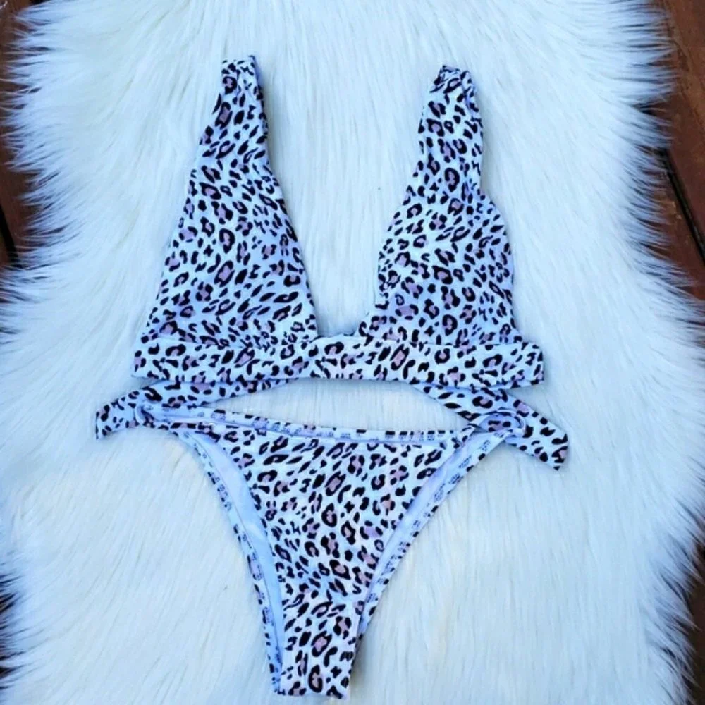 Animal Print V-plunge Triangle Bralette Bikini Set Swimsuit - Picture 4 of 8